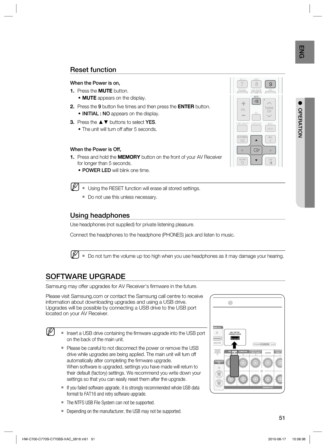 Samsung HW-C770S, HW-C770BS, HW-C700B, C770BS-XAC user manual Software Upgrade, Reset function, Using headphones 