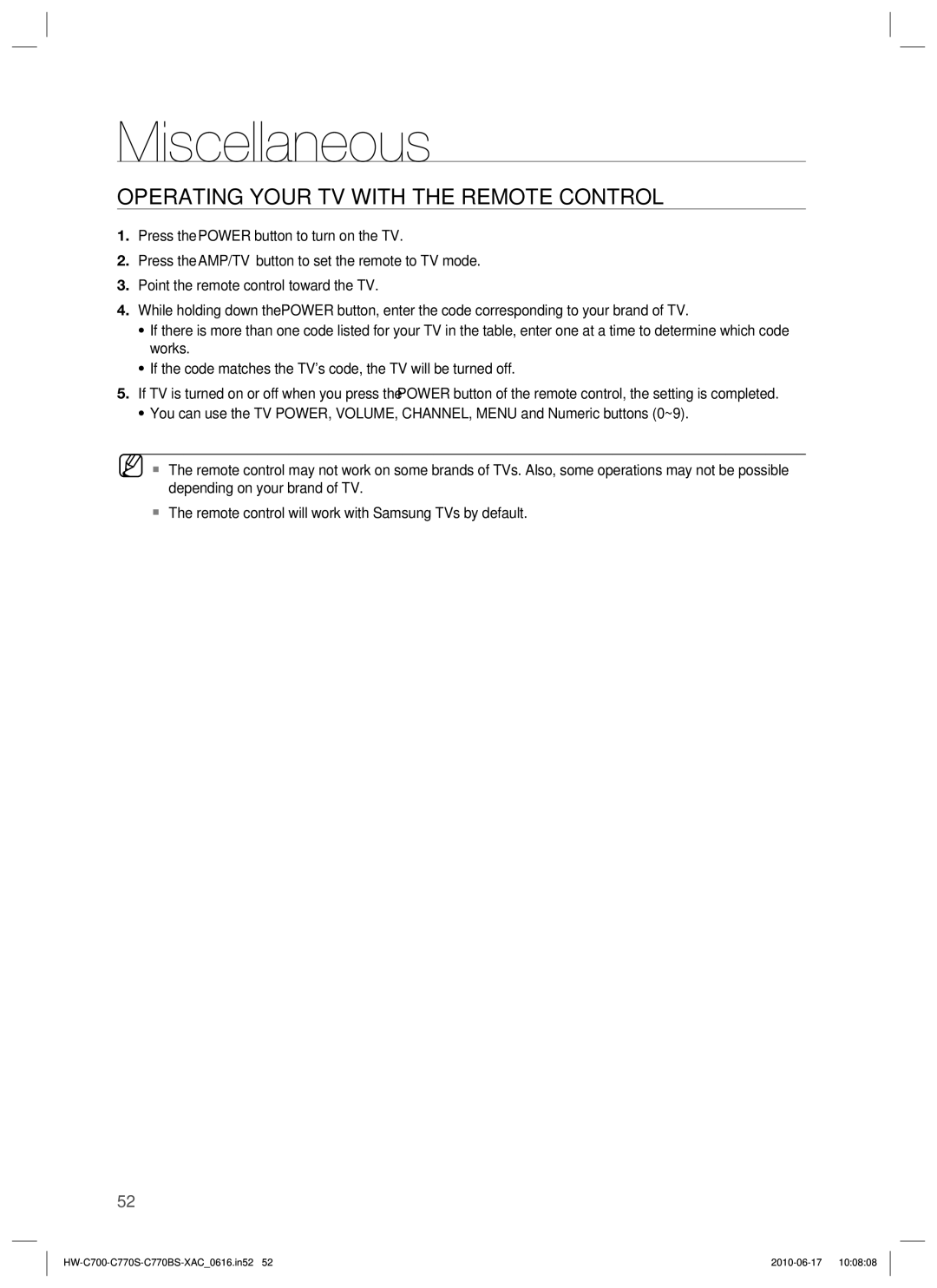 Samsung C770BS-XAC, HW-C770BS, HW-C700B, HW-C770S user manual Miscellaneous, Operating Your TV with the Remote Control 