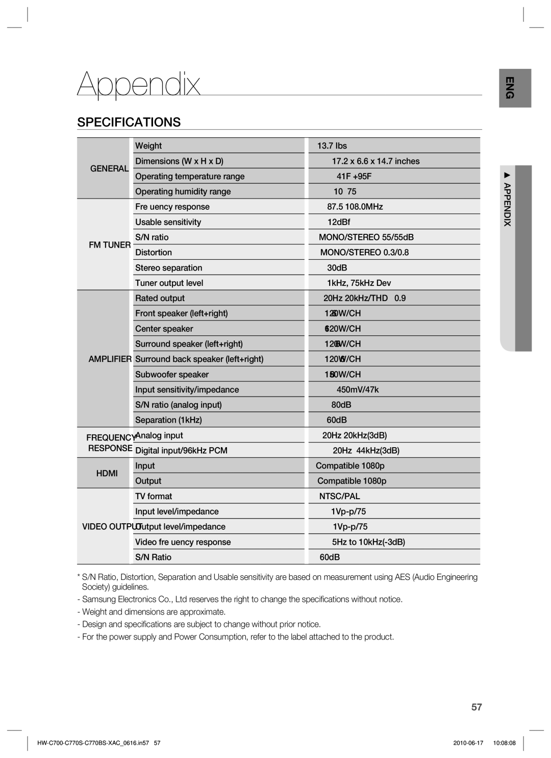 Samsung HW-C770S, HW-C770BS, HW-C700B, C770BS-XAC user manual Appendix, Specifications, Ntsc/Pal 