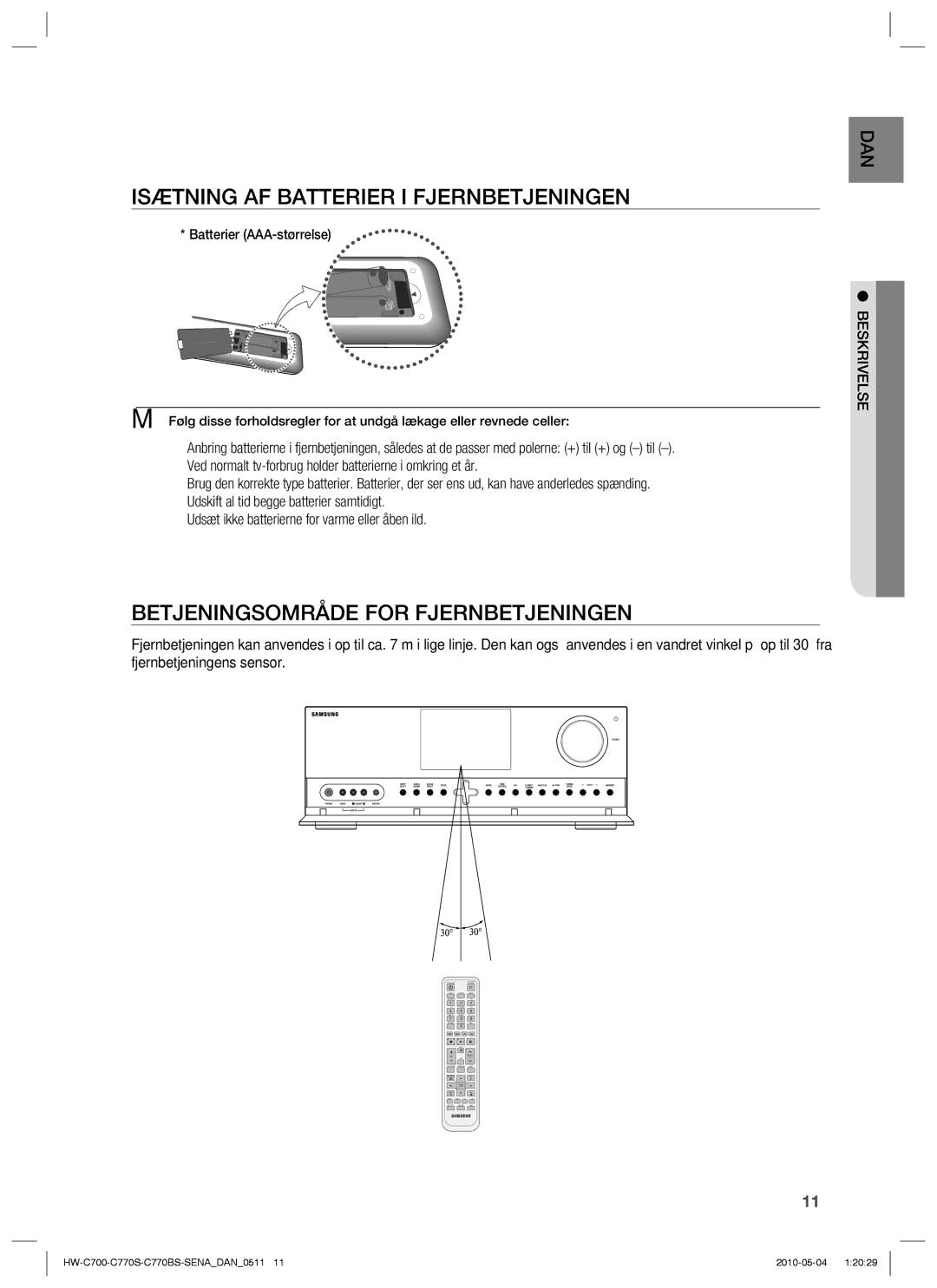 Samsung HW-C700/XEE manual Isætning AF Batterier I Fjernbetjeningen, Betjeningsområde for Fjernbetjeningen, Beskrivelse 