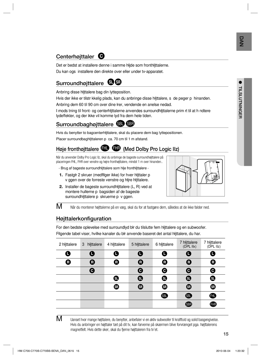 Samsung HW-C770S/XEE manual Centerhøjttaler, Surroundhøjttalere, Surroundbaghøjttalere SBL SBR, Højttalerkonﬁguration 