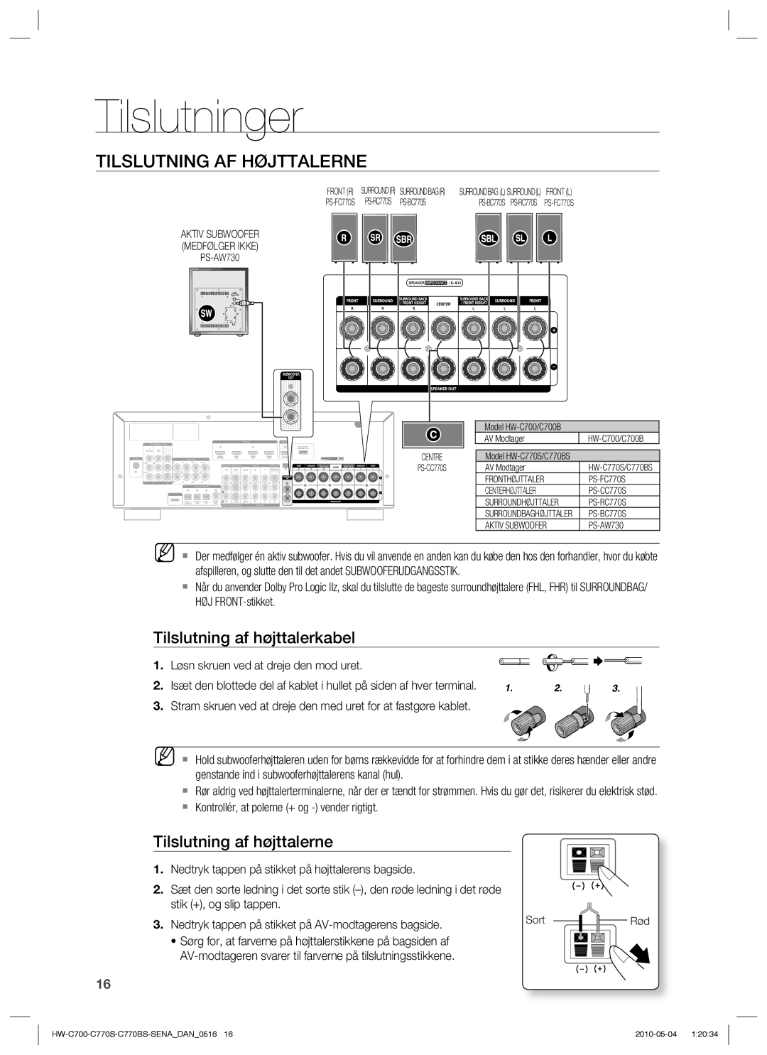 Samsung HW-C700B/XEE, HW-C770S/XEE Tilslutning AF Højttalerne, Tilslutning af højttalerkabel, Tilslutning af højttalerne 