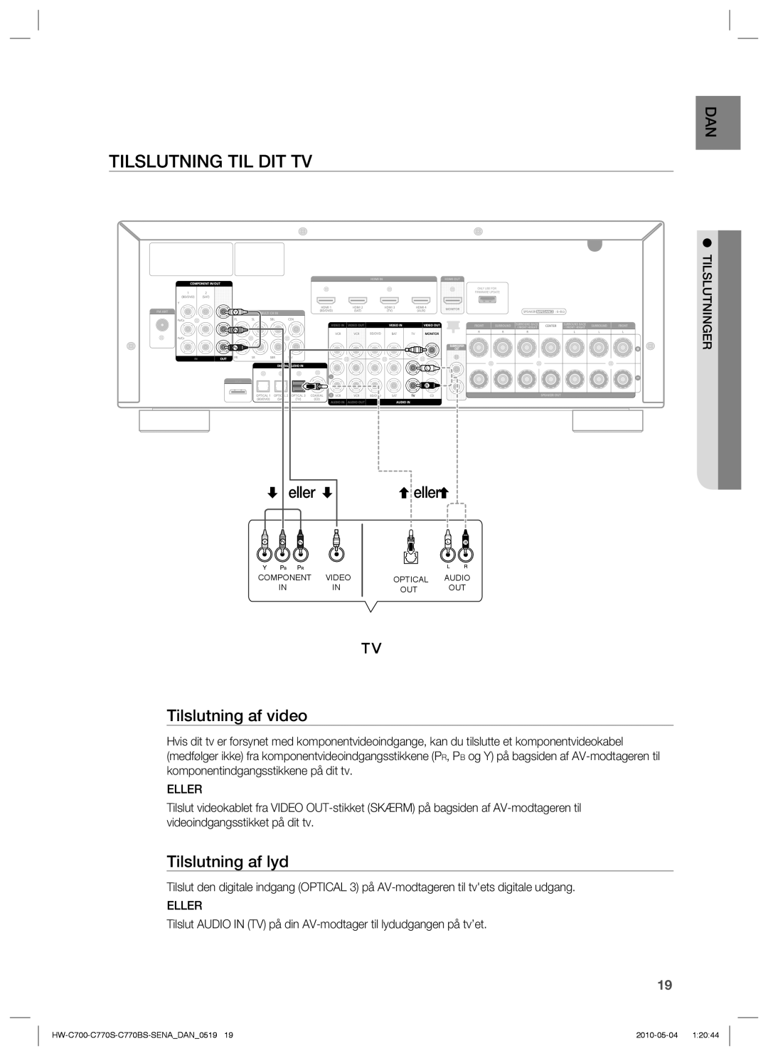 Samsung HW-C700B/XEE, HW-C770S/XEE, HW-C700/XEE Tilslutning TIL DIT TV, Eller, Tilslutning af video, Tilslutning af lyd 