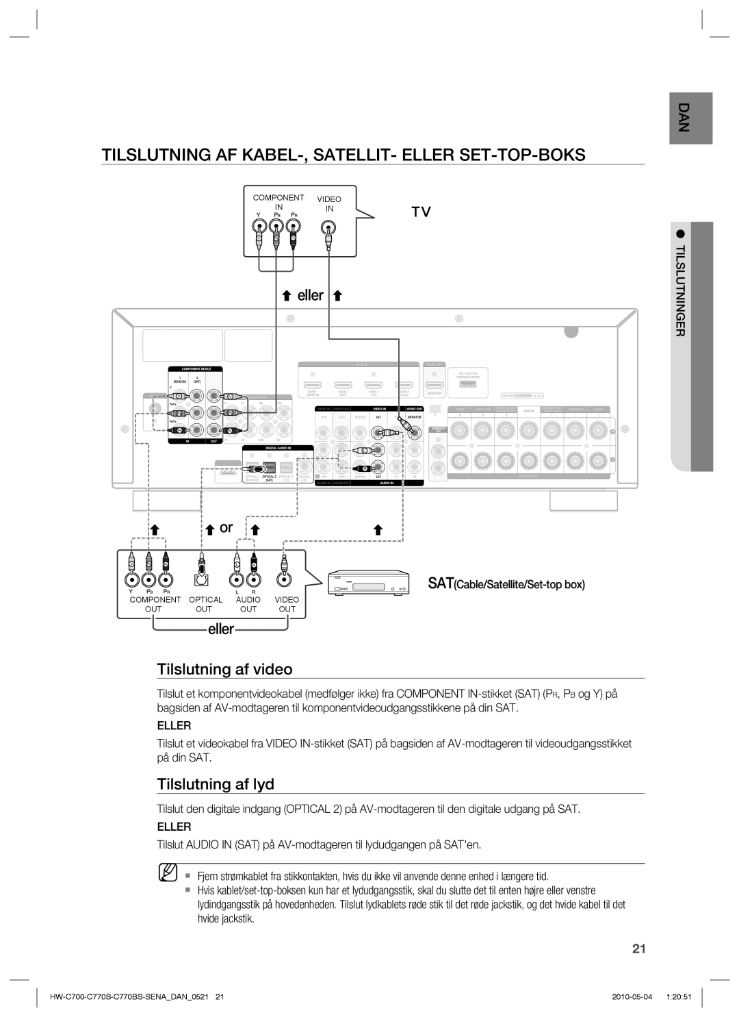 Samsung HW-C770S/XEE, HW-C700B/XEE Tilslutning AF KABEL-, SATELLIT- Eller SET-TOP-BOKS, SATCable/Satellite/Set-top box 