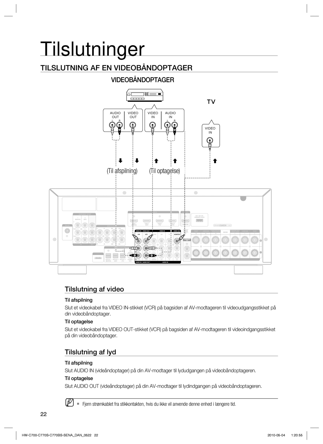 Samsung HW-C700B/XEE, HW-C770S/XEE Tilslutning AF EN Videobåndoptager, Til afspilning Til optagelse Tilslutning af video 