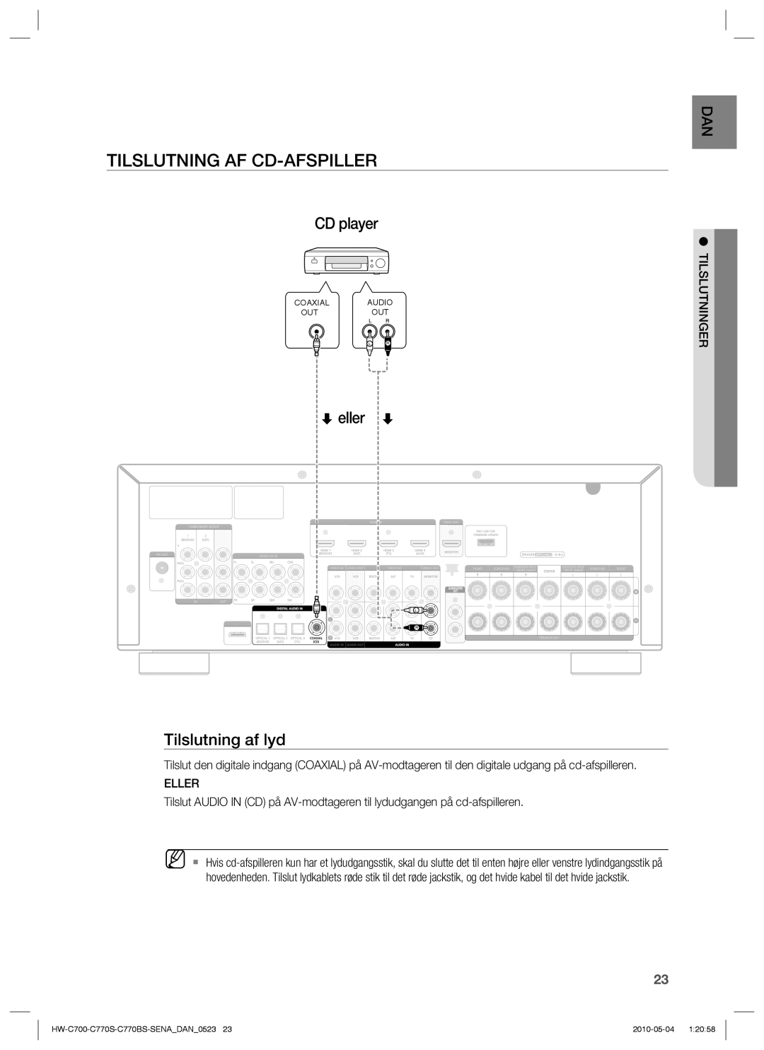 Samsung HW-C700/XEE, HW-C770S/XEE, HW-C700B/XEE manual Tilslutning AF CD-AFSPILLER, CD player 