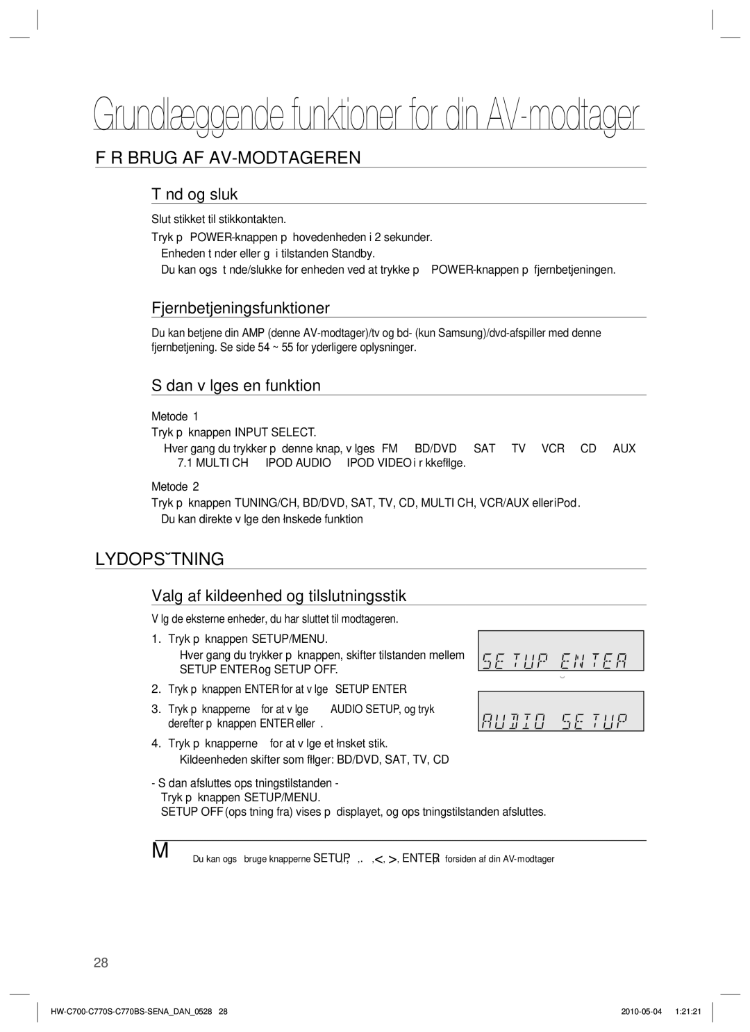 Samsung HW-C700B/XEE, HW-C770S/XEE, HW-C700/XEE manual FØR Brug AF AV-MODTAGEREN, Lydopsætning 