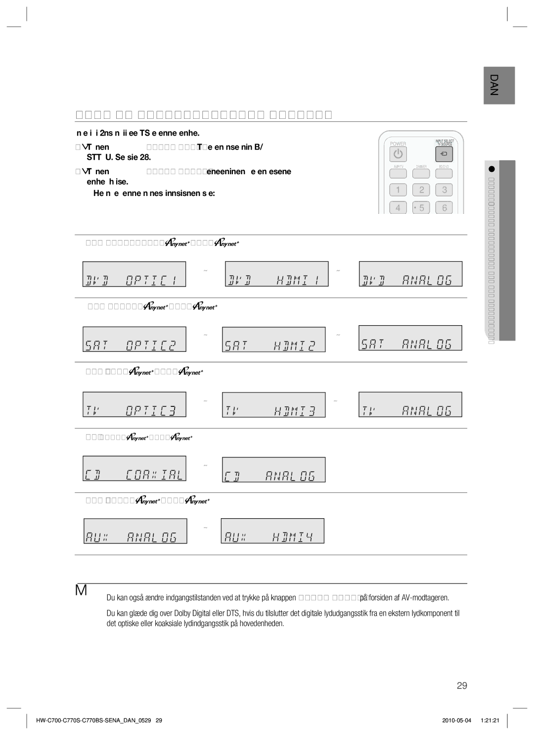 Samsung HW-C700/XEE, HW-C770S/XEE Valg AF DIGITAL/ANALOG Indgang, For BD-/DVD-funktion For SAT-funktion For TV-funktion 