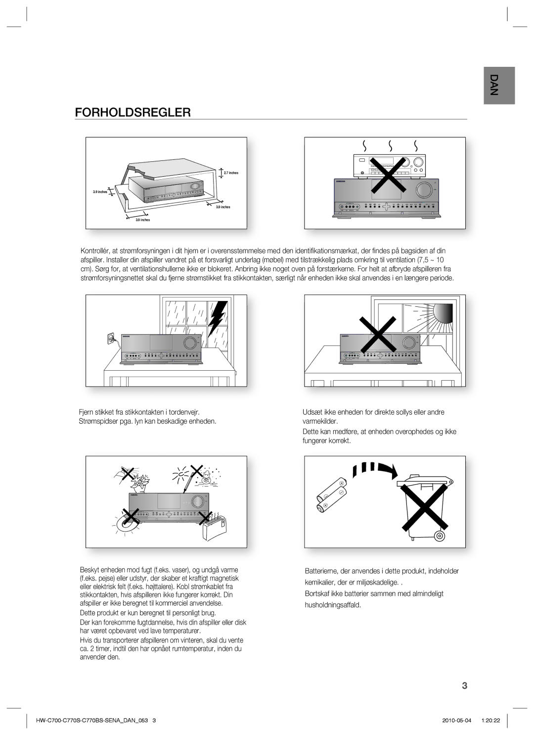 Samsung HW-C770S/XEE, HW-C700B/XEE, HW-C700/XEE manual Forholdsregler 