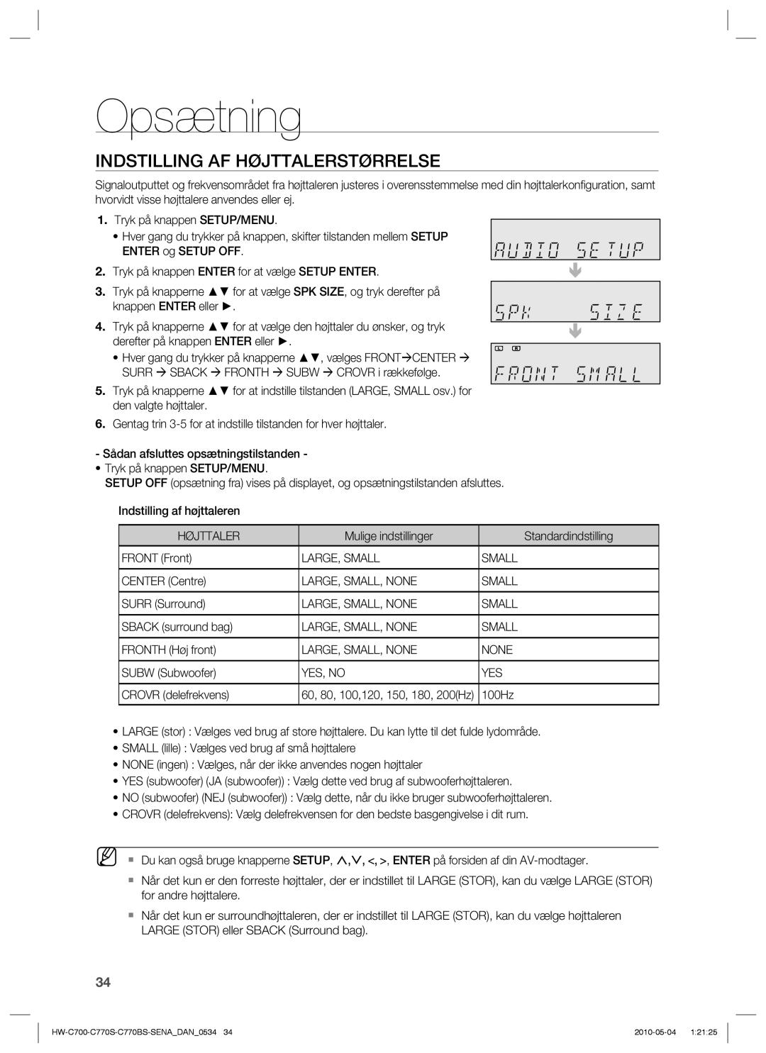 Samsung HW-C700B/XEE, HW-C770S/XEE, HW-C700/XEE manual Indstilling AF Højttalerstørrelse 