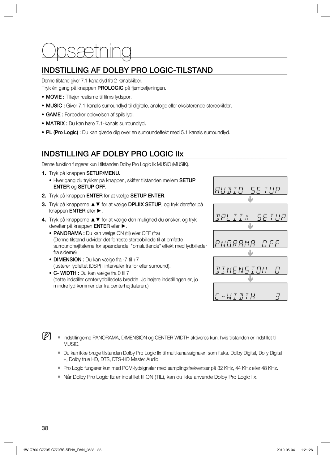 Samsung HW-C700/XEE, HW-C770S/XEE manual Indstilling AF Dolby PRO LOGIC-TILSTAND, Indstilling AF Dolby PRO Logic, Music 