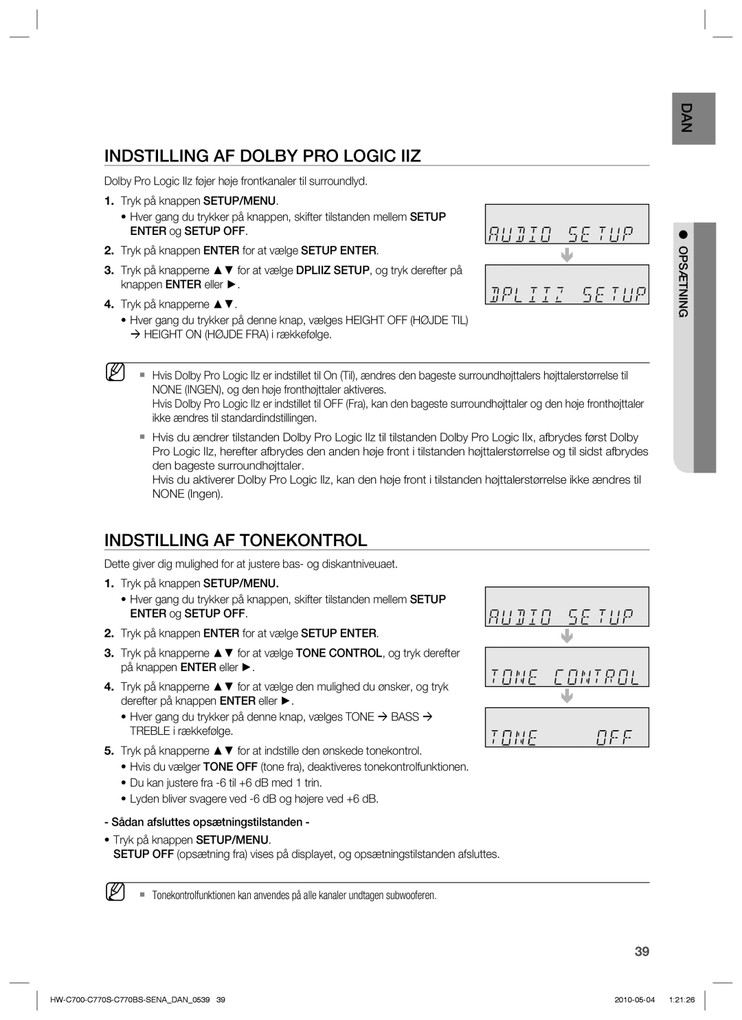 Samsung HW-C770S/XEE, HW-C700B/XEE, HW-C700/XEE manual Indstilling AF Dolby PRO Logic IIZ, Indstilling AF Tonekontrol 