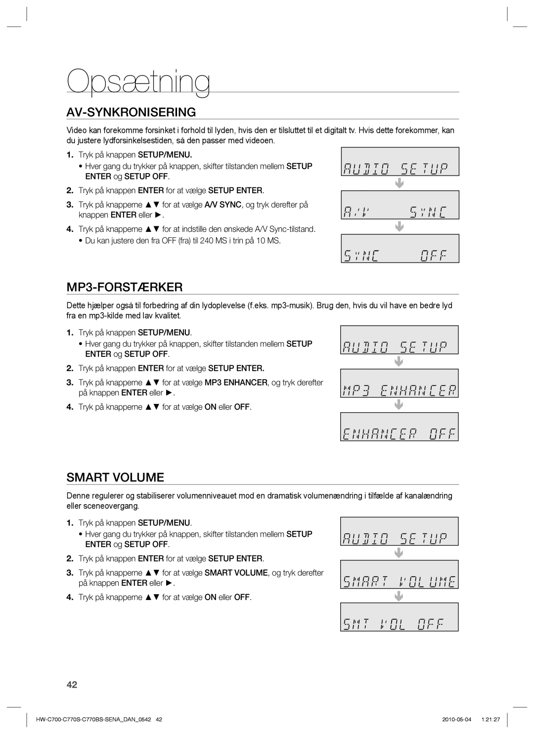 Samsung HW-C770S/XEE, HW-C700B/XEE, HW-C700/XEE manual Av-Synkronisering, MP3-FORSTÆRKER, Smart Volume 