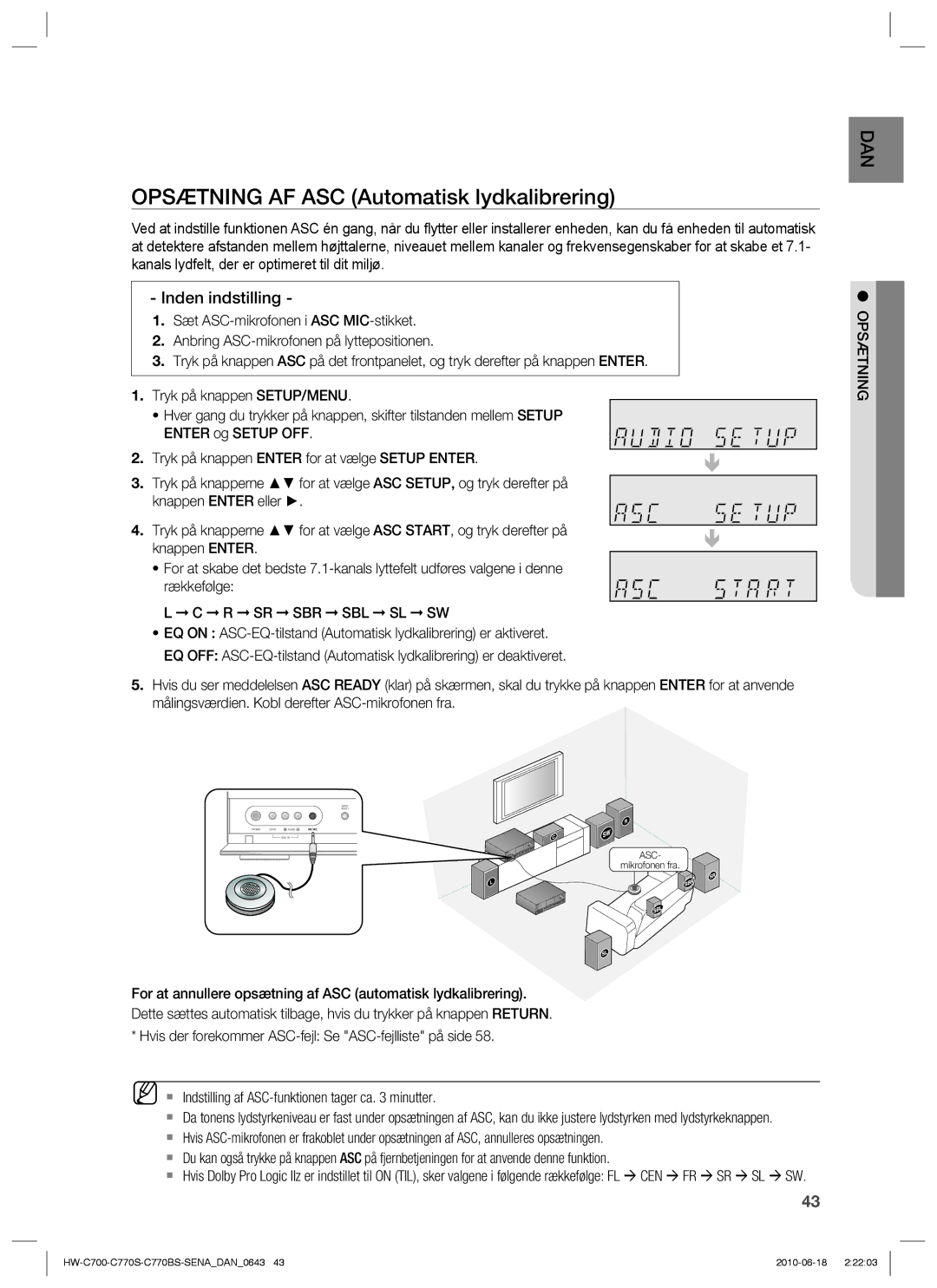 Samsung HW-C700B/XEE, HW-C770S/XEE, HW-C700/XEE manual Opsætning AF ASC Automatisk lydkalibrering, Inden indstilling 