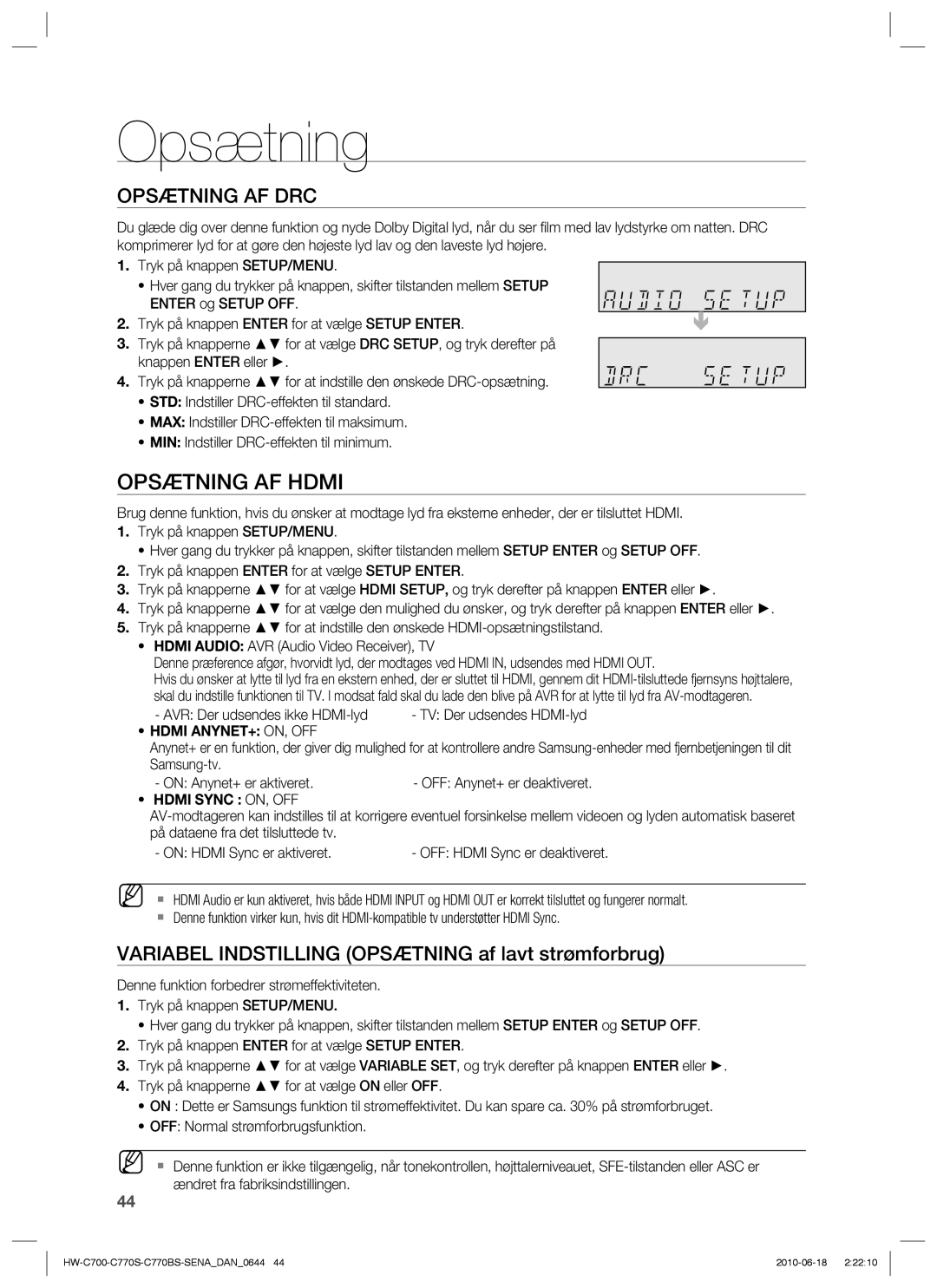 Samsung HW-C700/XEE Opsætning AF Hdmi, Variabel Indstilling Opsætning af lavt strømforbrug, AVR Der udsendes ikke HDMI-lyd 
