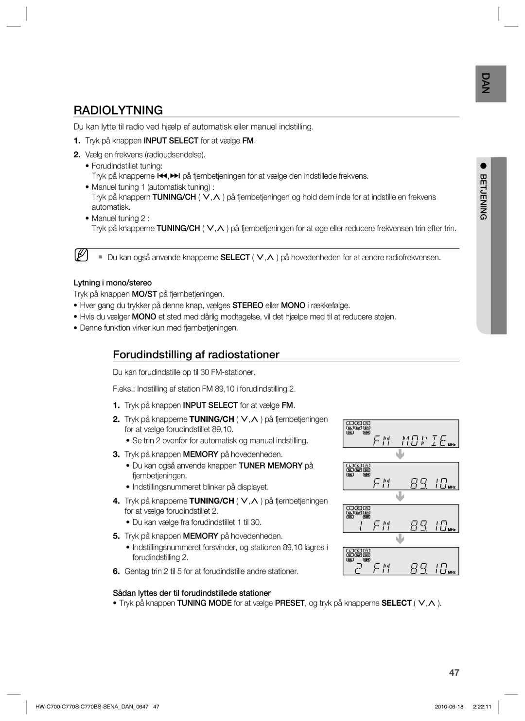 Samsung HW-C700/XEE, HW-C770S/XEE, HW-C700B/XEE manual Radiolytning, Forudindstilling af radiostationer 