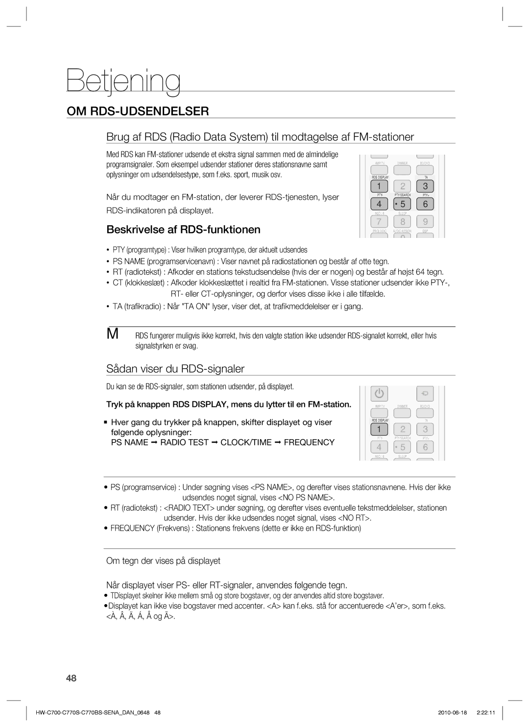 Samsung HW-C770S/XEE, HW-C700B/XEE manual Om Rds-Udsendelser, Beskrivelse af RDS-funktionen, Sådan viser du RDS-signaler 