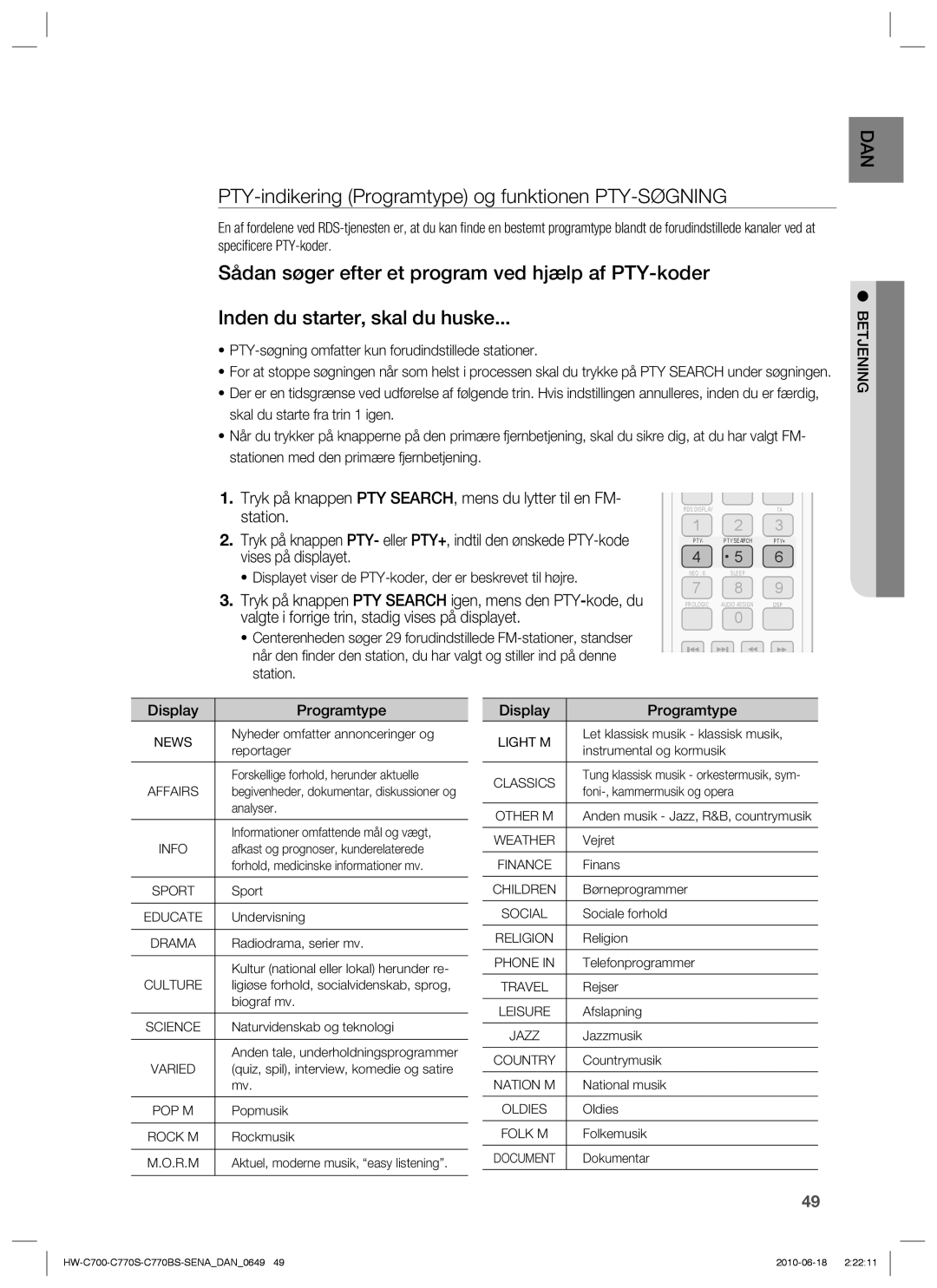 Samsung HW-C700B/XEE, HW-C770S/XEE, HW-C700/XEE PTY-indikering Programtype og funktionen PTY-SØGNING, Display Programtype 