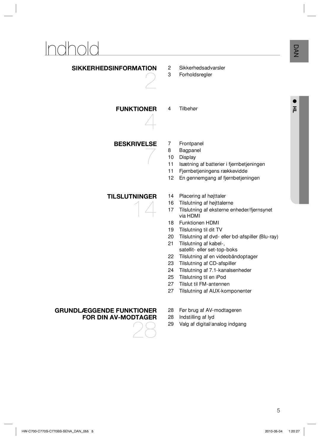 Samsung HW-C700/XEE, HW-C770S/XEE, HW-C700B/XEE manual Indhold 