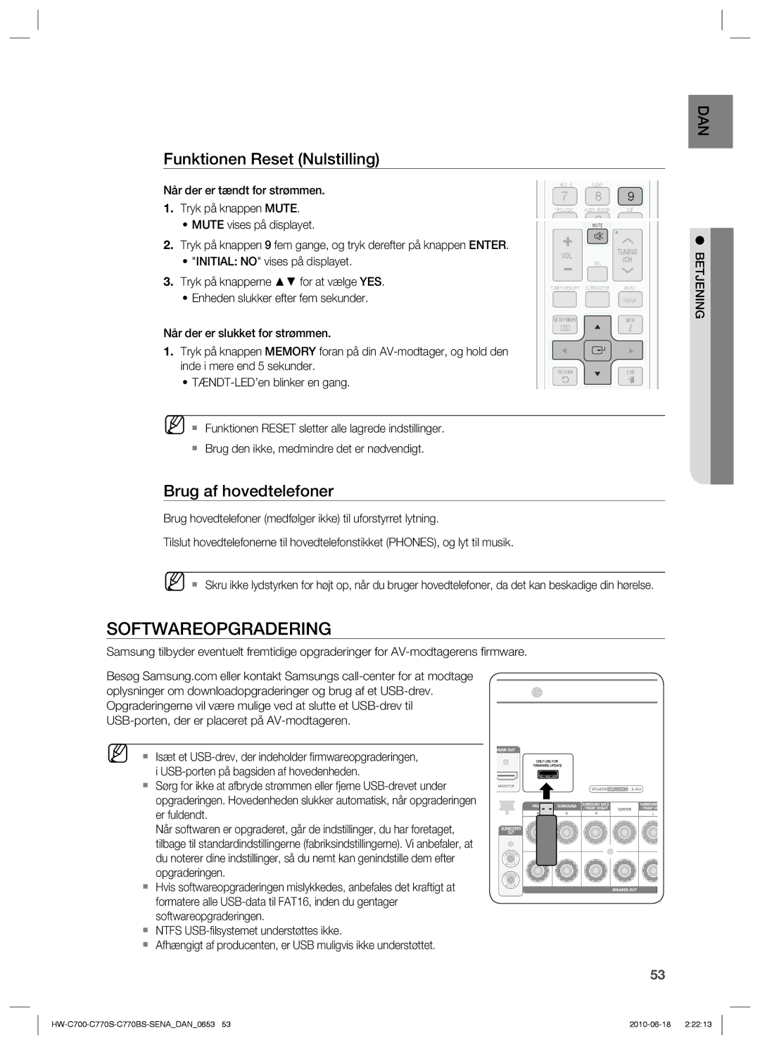 Samsung HW-C700/XEE, HW-C770S/XEE, HW-C700B/XEE Softwareopgradering, Funktionen Reset Nulstilling, Brug af hovedtelefoner 