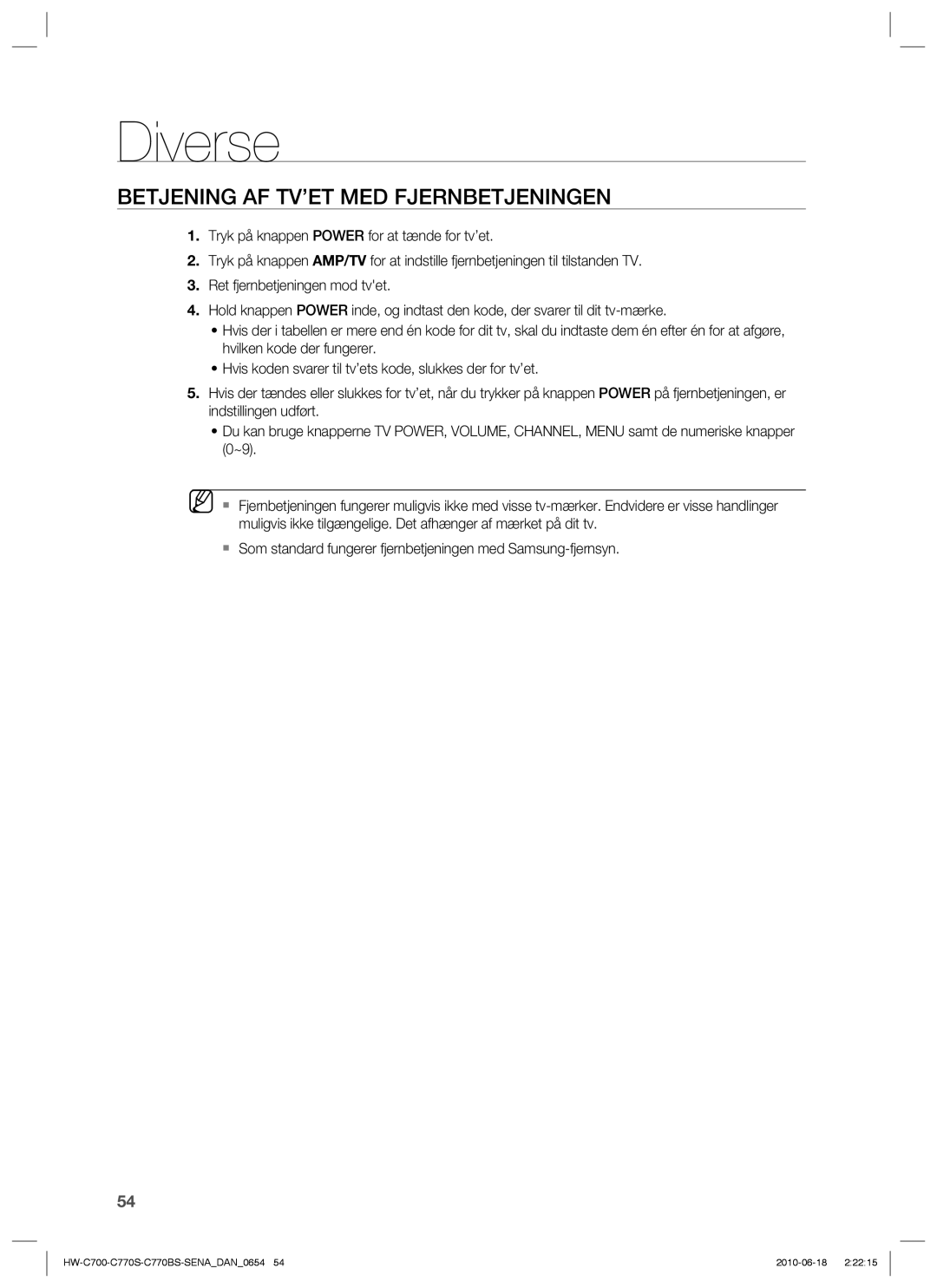 Samsung HW-C770S/XEE, HW-C700B/XEE, HW-C700/XEE manual Diverse, Betjening AF TV’ET MED Fjernbetjeningen 