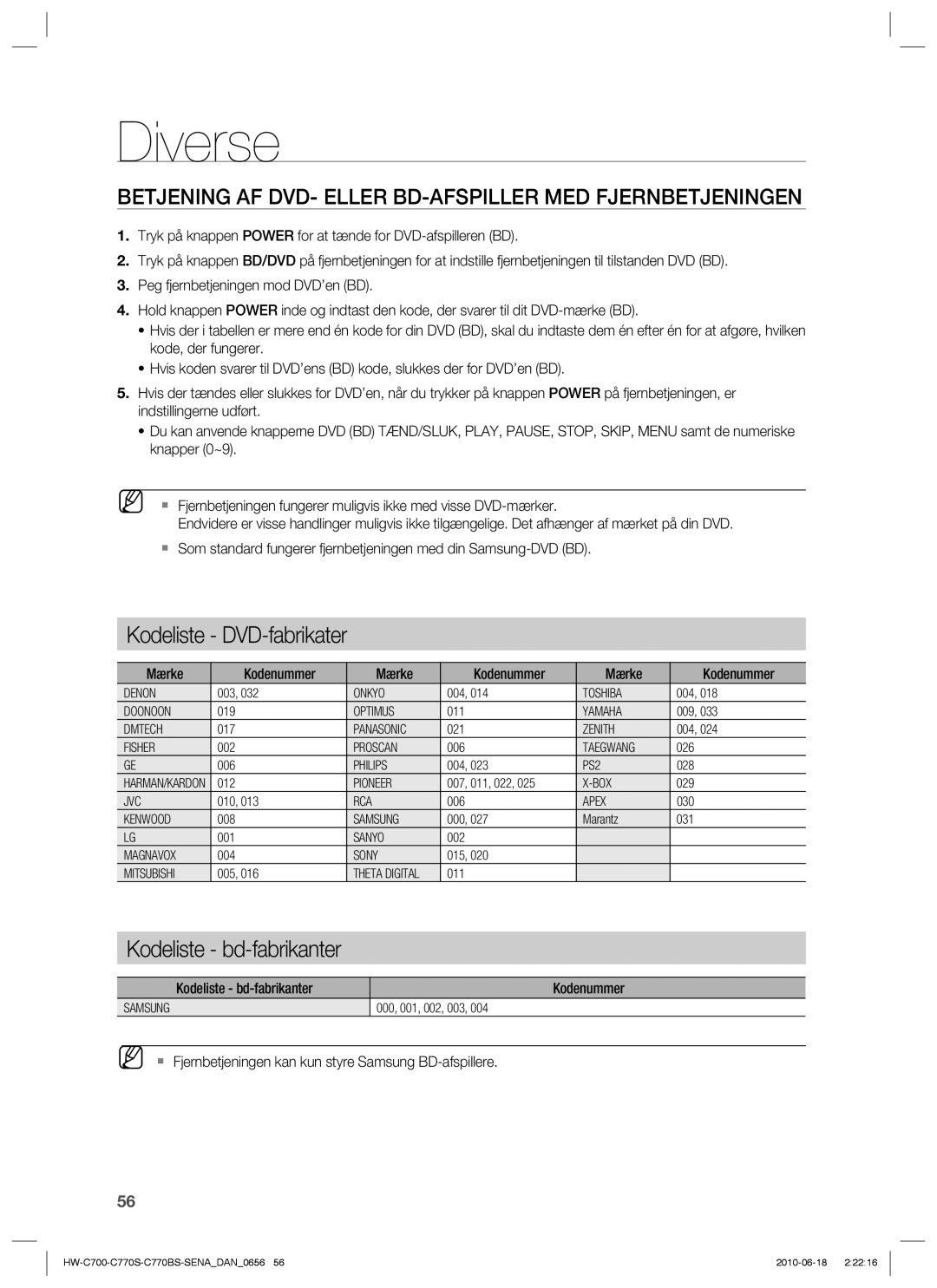 Samsung HW-C700/XEE manual Betjening AF DVD- Eller BD-AFSPILLER MED Fjernbetjeningen, Kodeliste bd-fabrikanter Kodenummer 