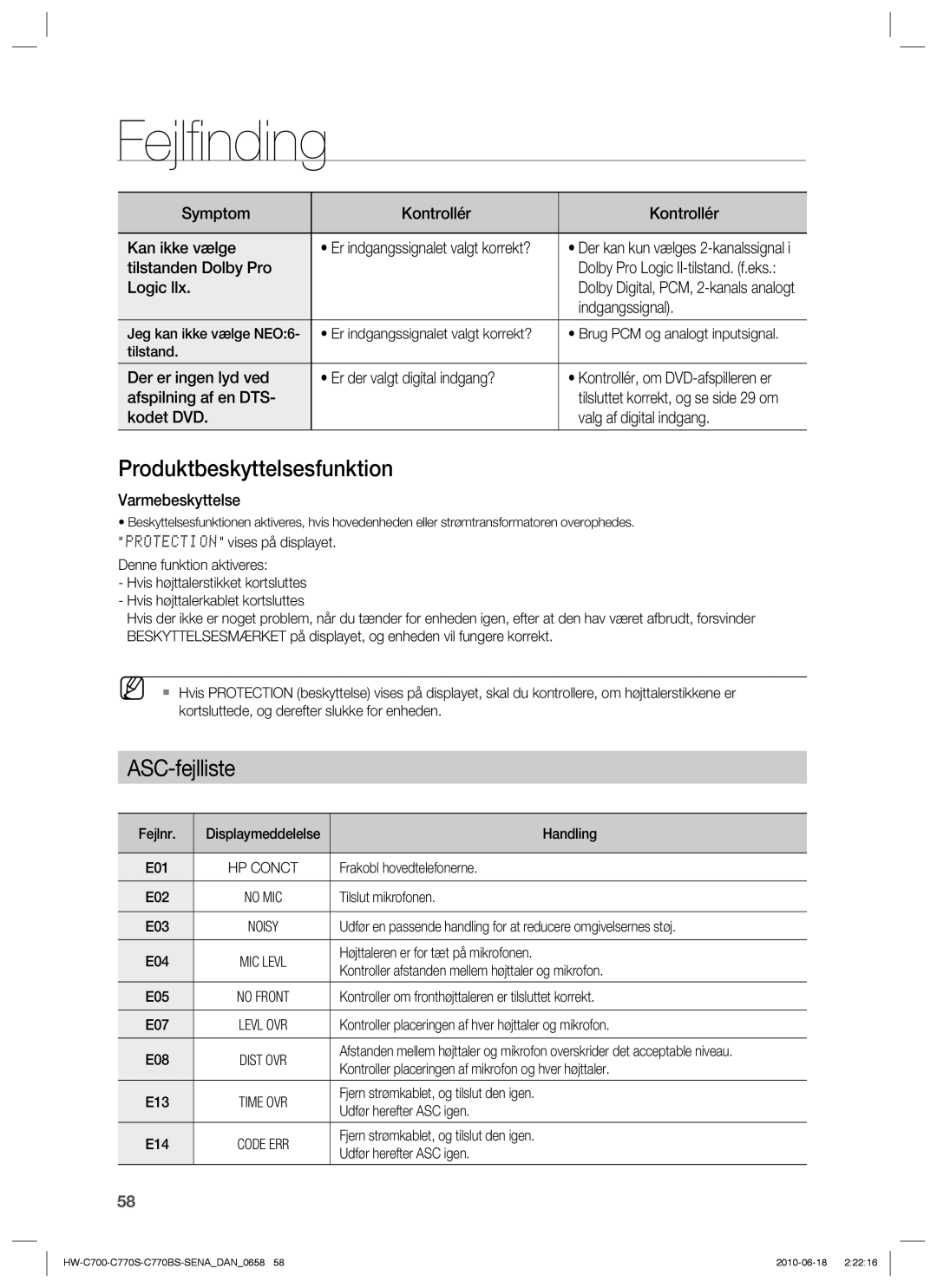 Samsung HW-C700B/XEE Dolby Pro Logic II-tilstand. f.eks, Jeg kan ikke vælge NEO6, Brug PCM og analogt inputsignal, Fejlnr 