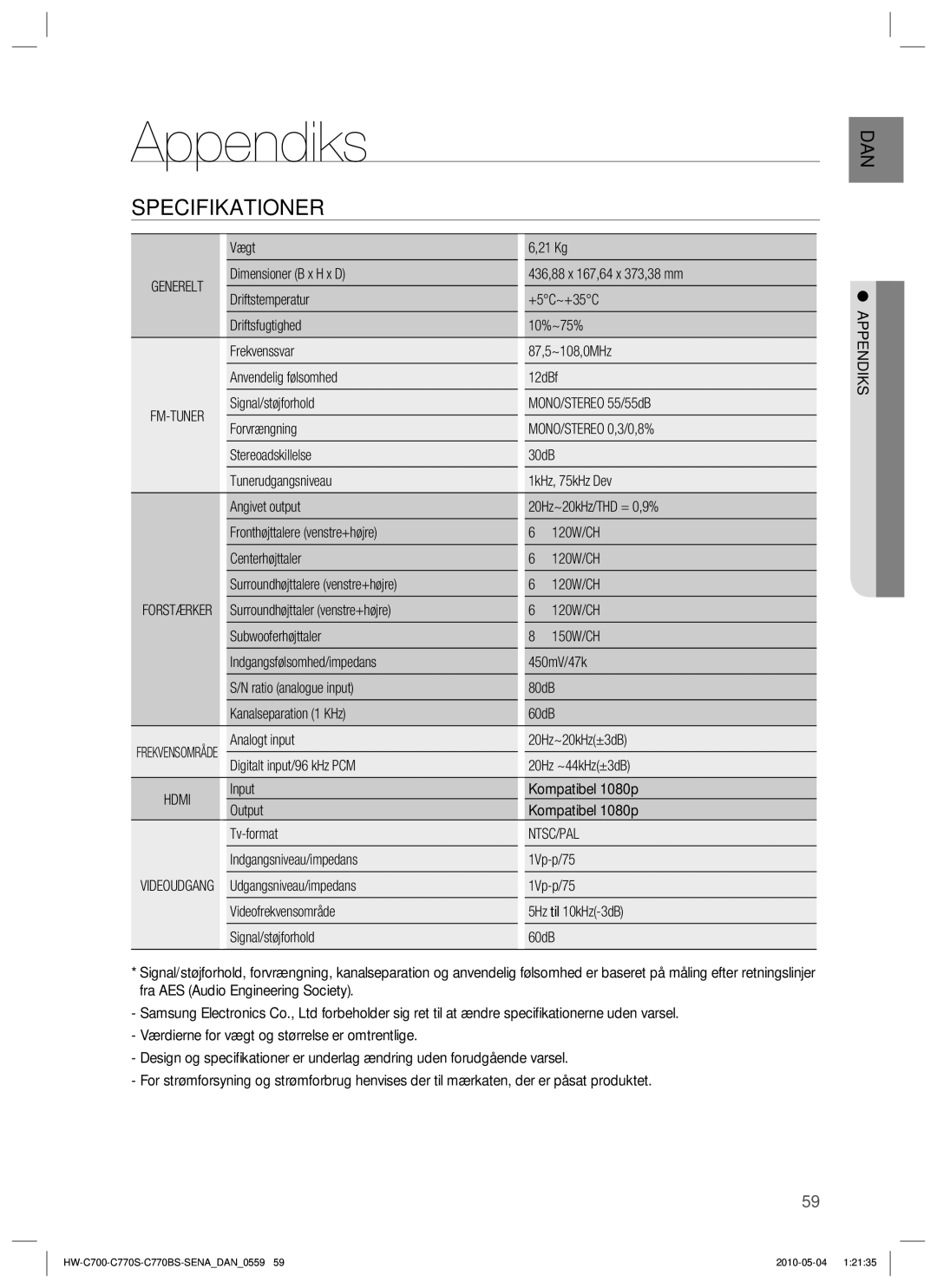 Samsung HW-C700/XEE, HW-C770S/XEE, HW-C700B/XEE manual Appendiks, Specifikationer, Ntsc/Pal 