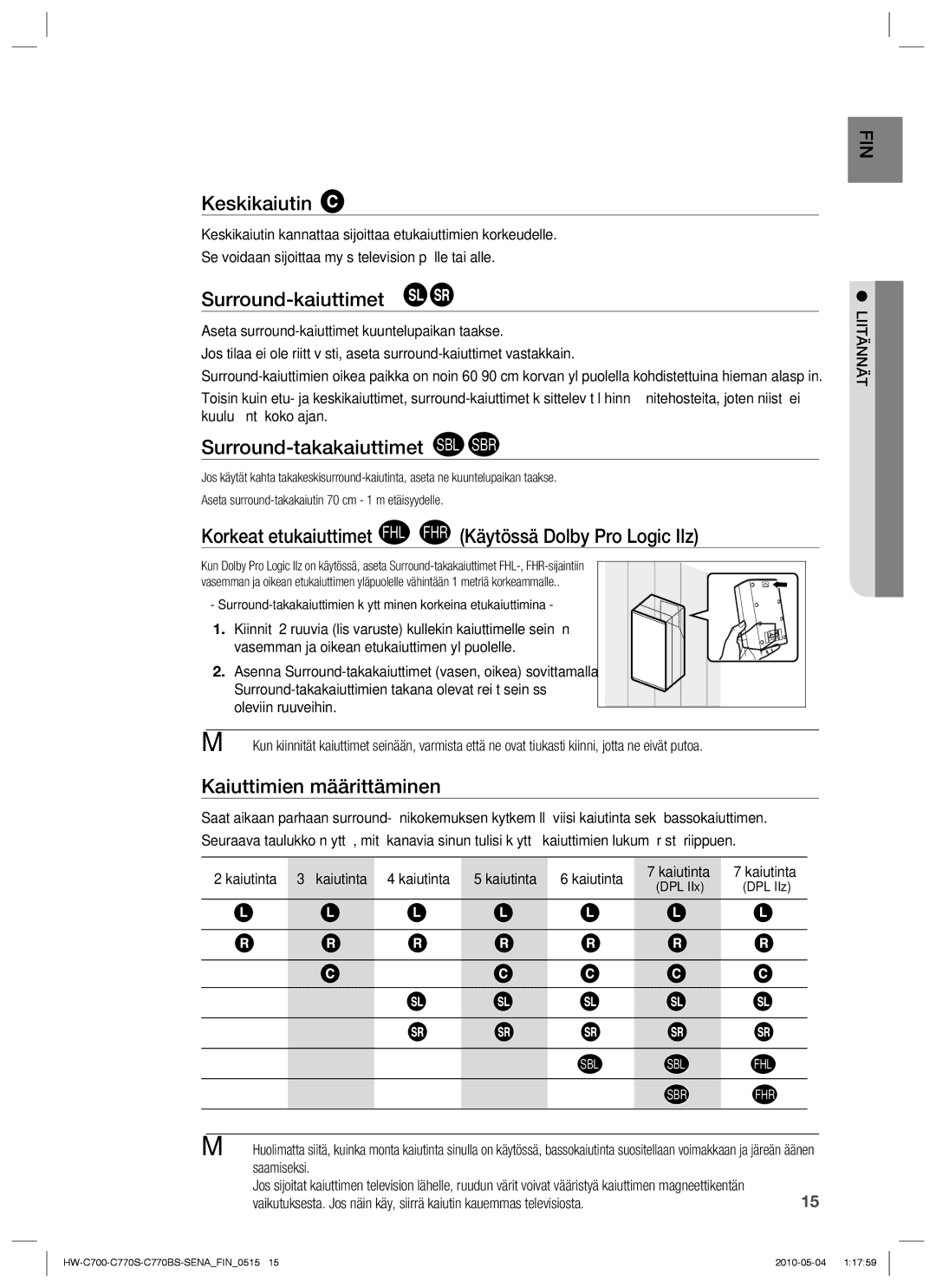 Samsung HW-C770S/XEE manual Keskikaiutin, Surround-kaiuttimet, Surround-takakaiuttimet SBL SBR, Kaiuttimien määrittäminen 