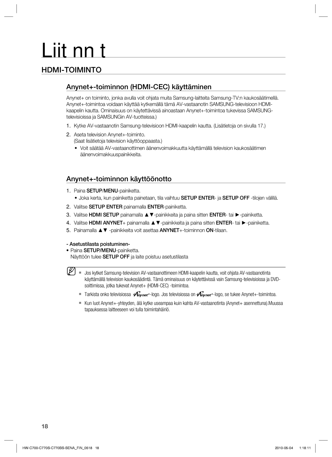 Samsung HW-C770S/XEE, HW-C700B/XEE Hdmi-Toiminto, Anynet+-toiminnon HDMI-CEC käyttäminen, Anynet+-toiminnon käyttöönotto 