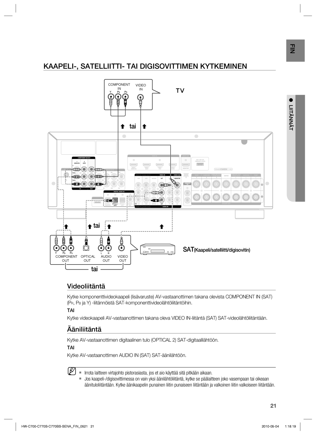 Samsung HW-C770S/XEE, HW-C700/XEE KAAPELI-, SATELLIITTI- TAI Digisovittimen Kytkeminen, SATKaapeli/satelliitti/digisovitin 