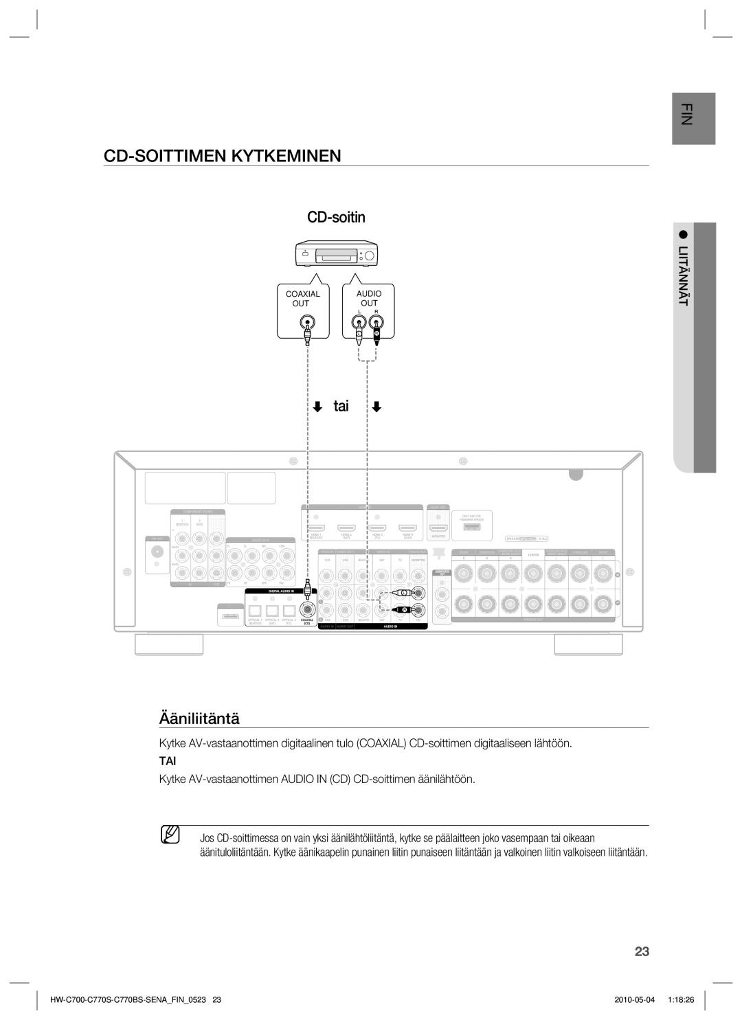 Samsung HW-C700/XEE, HW-C770S/XEE, HW-C700B/XEE manual CD-SOITTIMEN Kytkeminen, CD-soitin, Tai Ääniliitäntä 