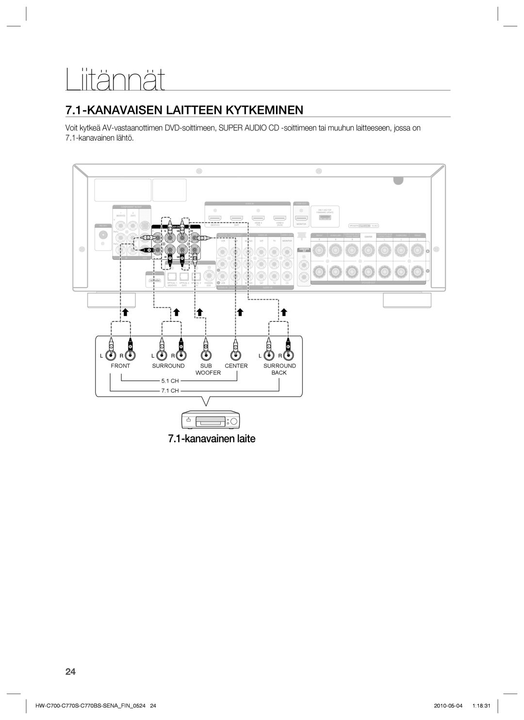 Samsung HW-C770S/XEE, HW-C700B/XEE, HW-C700/XEE manual Kanavaisen Laitteen Kytkeminen, Kanavainen laite 