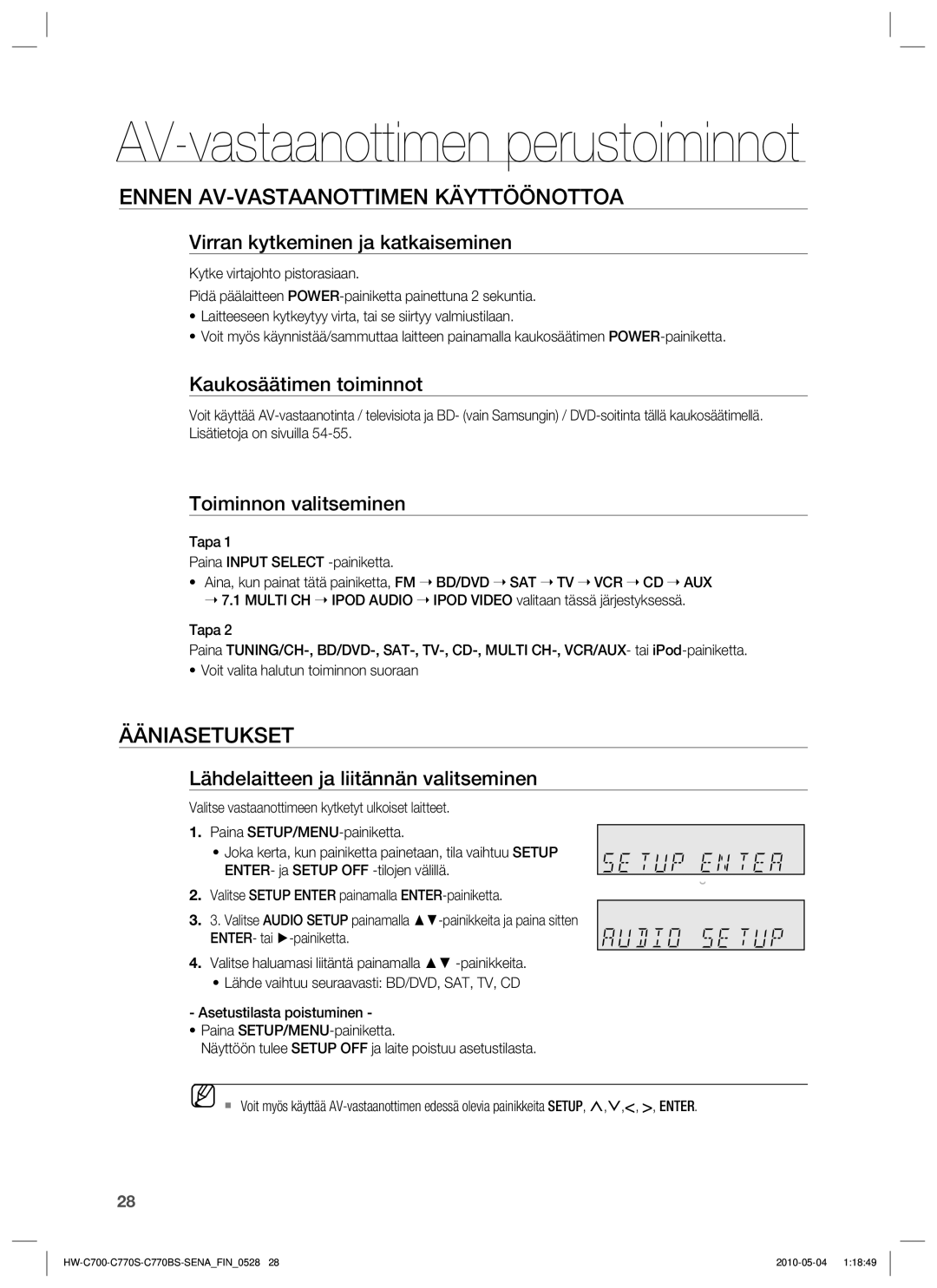 Samsung HW-C700B/XEE, HW-C770S/XEE, HW-C700/XEE manual Ennen AV-VASTAANOTTIMEN Käyttöönottoa, Ääniasetukset 