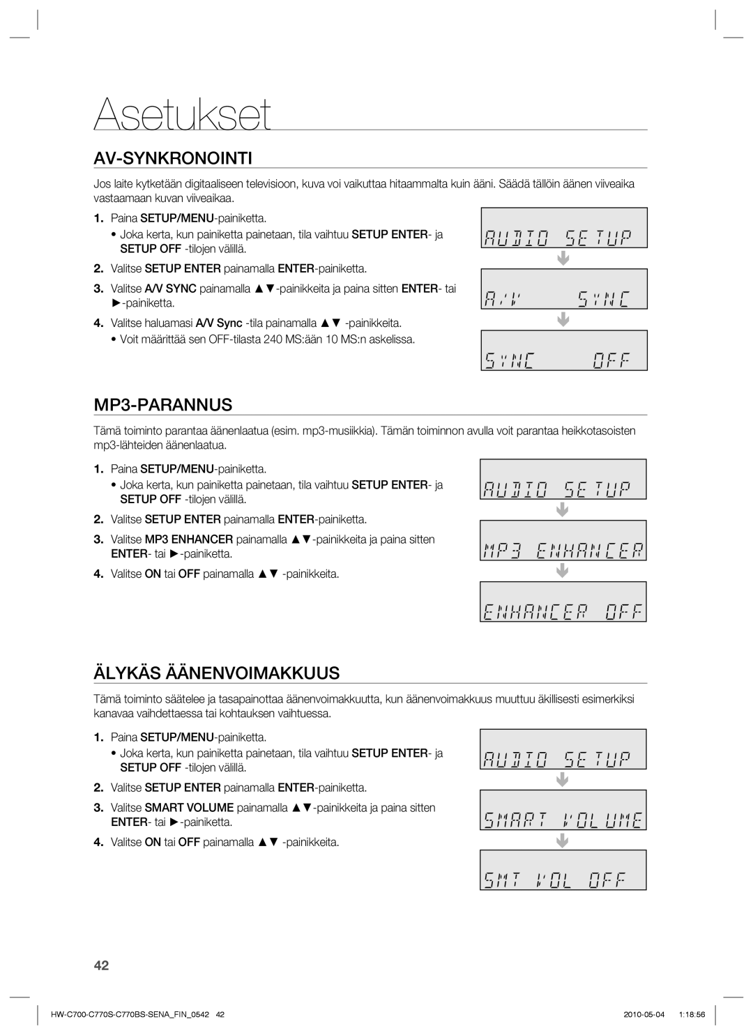 Samsung HW-C770S/XEE, HW-C700B/XEE, HW-C700/XEE manual Av-Synkronointi, MP3-PARANNUS, Älykäs Äänenvoimakkuus 