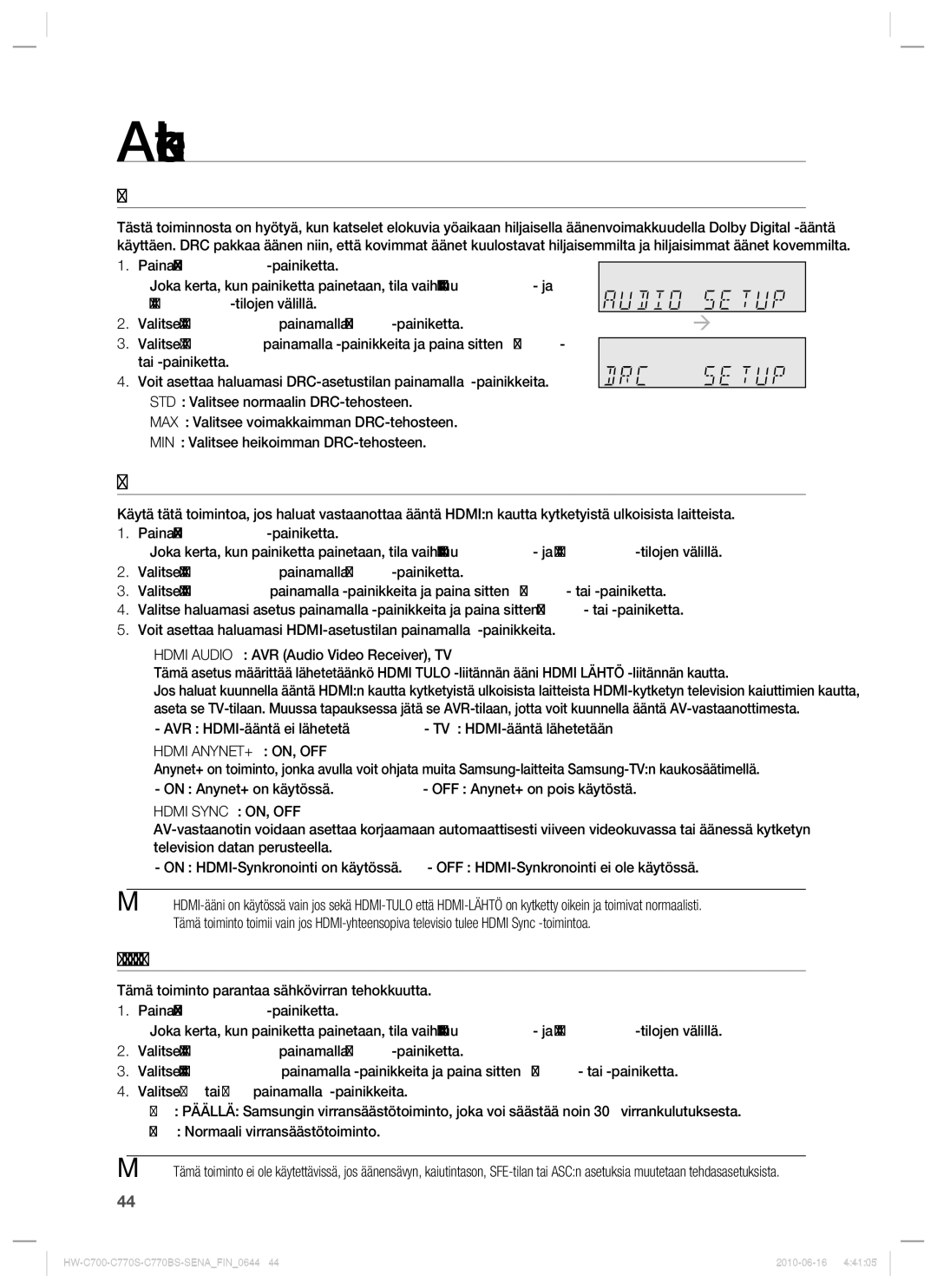 Samsung HW-C700/XEE Hdmi-Määritys, Muuttuva Asetus Alemman virrankulutuksen Määrittäminen, AVR HDMI-ääntä ei lähetetä 