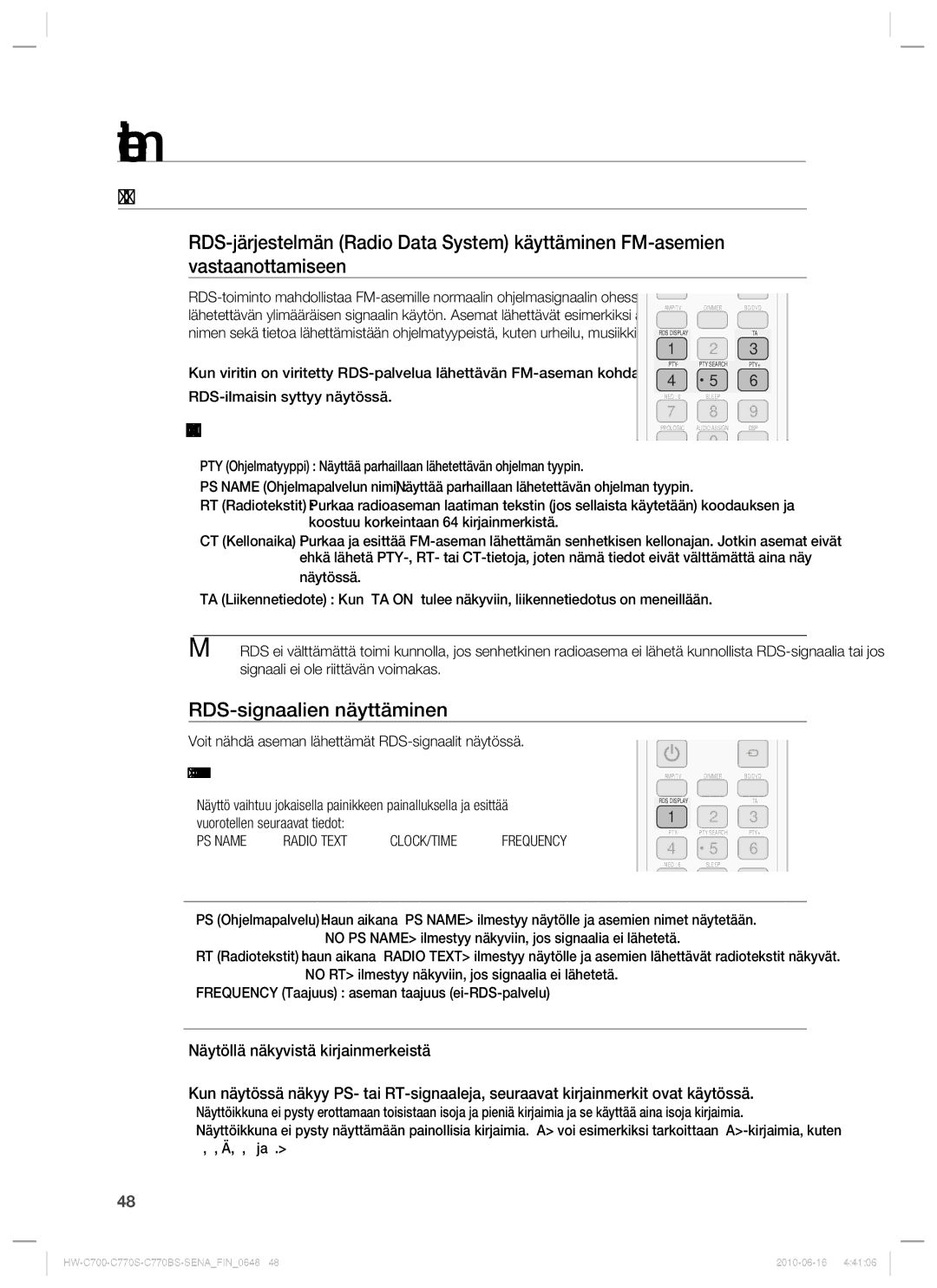 Samsung HW-C770S/XEE, HW-C700B/XEE, HW-C700/XEE Tietoa RDS-LÄHETYKSISTÄ, RDS-toiminnon kuvaus, RDS-signaalien näyttäminen 