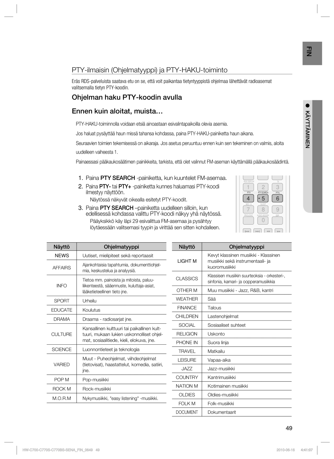 Samsung HW-C700B/XEE manual PTY-ilmaisin Ohjelmatyyppi ja PTY-HAKU-toiminto, Näytössä näkyvät oikealla esitetyt PTY-koodit 