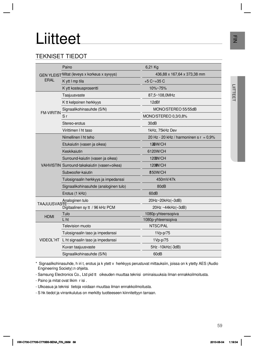 Samsung HW-C700/XEE, HW-C770S/XEE, HW-C700B/XEE manual Liitteet, Tekniset Tiedot, Eral, Ntsc/Pal 