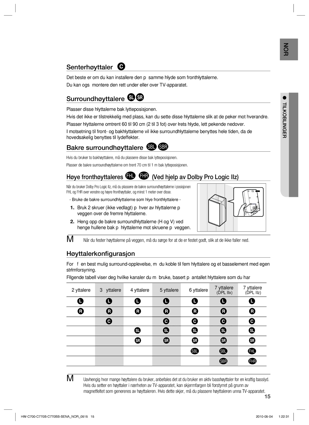 Samsung HW-C770S/XEE manual Senterhøyttaler, Surroundhøyttalere, Bakre surroundhøyttalere SBL SBR, Høyttalerkonﬁgurasjon 