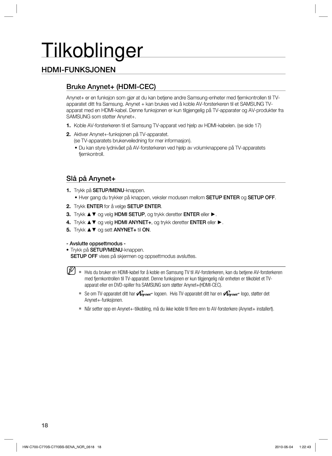 Samsung HW-C770S/XEE, HW-C700B/XEE, HW-C700/XEE manual Hdmi-Funksjonen, Bruke Anynet+ HDMI-CEC, Slå på Anynet+ 