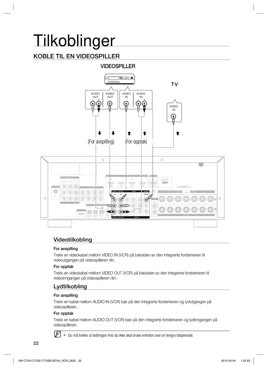 Samsung HW-C700B/XEE, HW-C770S/XEE, HW-C700/XEE manual Koble TIL EN Videospiller, For avspilling For opptak Videotilkobling 