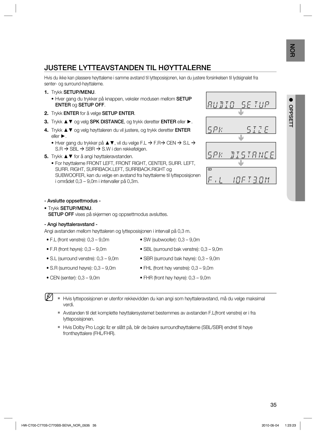 Samsung HW-C700/XEE, HW-C770S/XEE Justere Lytteavstanden TIL Høyttalerne, SURR. RIGHT, SURRBACK.LEFT, SURRBACK.RIGHT og 