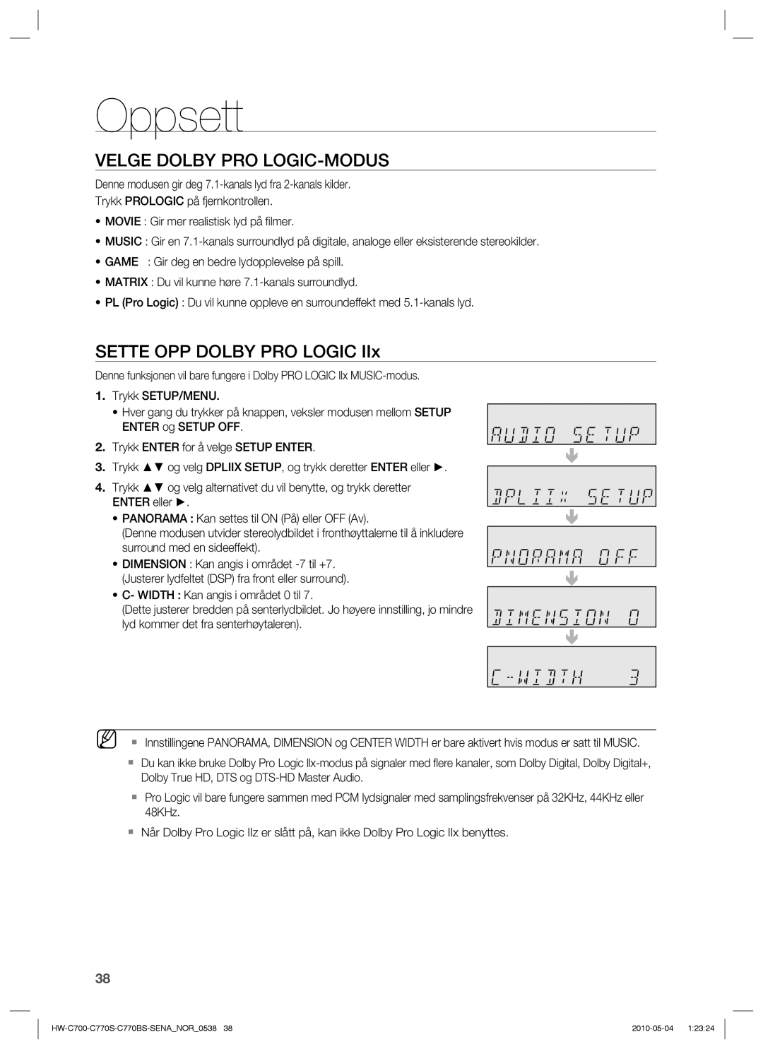 Samsung HW-C700/XEE, HW-C770S/XEE, HW-C700B/XEE manual Velge Dolby PRO LOGIC-MODUS, Sette OPP Dolby PRO Logic 