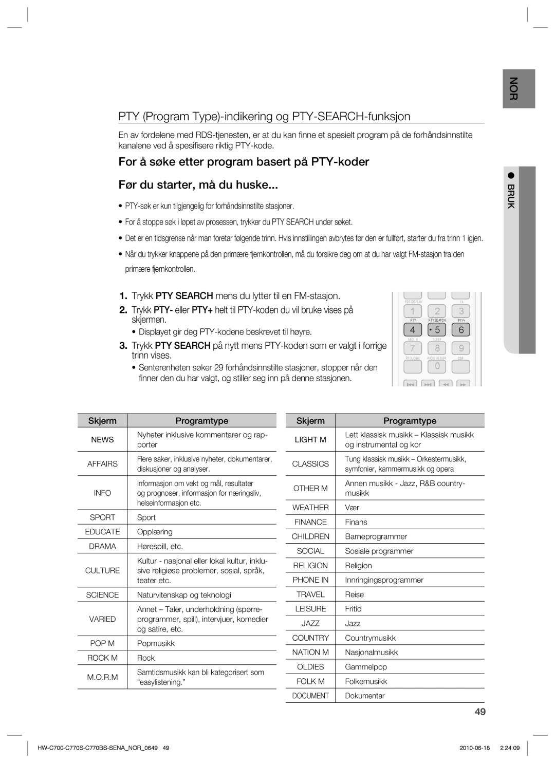 Samsung HW-C700B/XEE PTY Program Type-indikering og PTY-SEARCH-funksjon, Displayet gir deg PTY-kodene beskrevet til høyre 