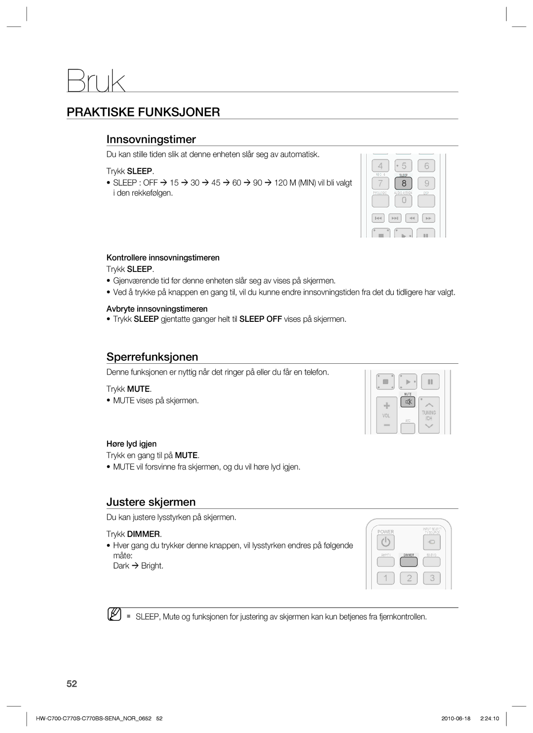 Samsung HW-C700B/XEE, HW-C770S/XEE, HW-C700/XEE Praktiske Funksjoner, Innsovningstimer, Sperrefunksjonen, Justere skjermen 