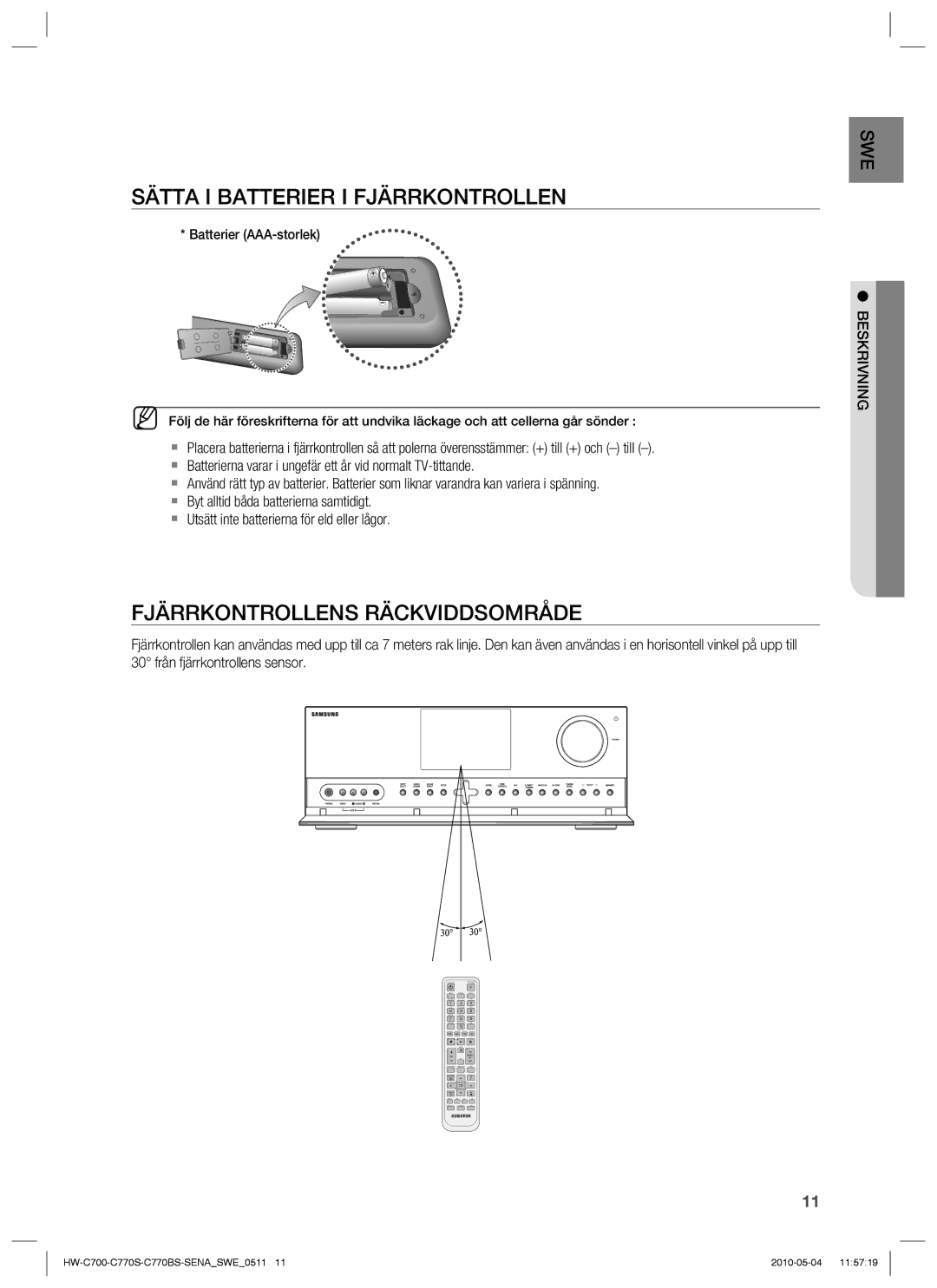 Samsung HW-C700/XEE, HW-C770S/XEE manual Sätta I Batterier I Fjärrkontrollen, Fjärrkontrollens Räckviddsområde, Beskrivning 