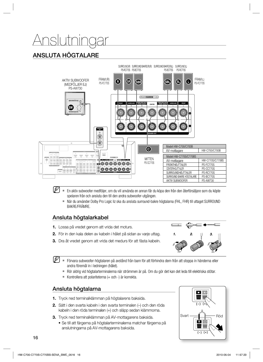 Samsung HW-C700B/XEE, HW-C770S/XEE, HW-C700/XEE manual Ansluta Högtalare, Ansluta högtalarkabel, Ansluta högtalarna 