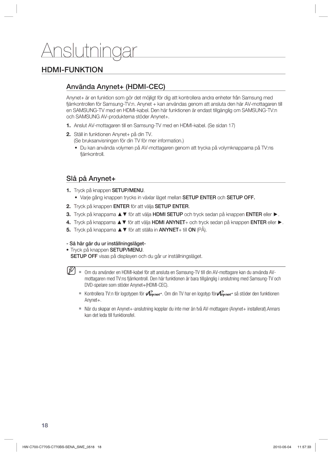 Samsung HW-C770S/XEE, HW-C700B/XEE, HW-C700/XEE manual Hdmi-Funktion, Använda Anynet+ HDMI-CEC, Slå på Anynet+ 