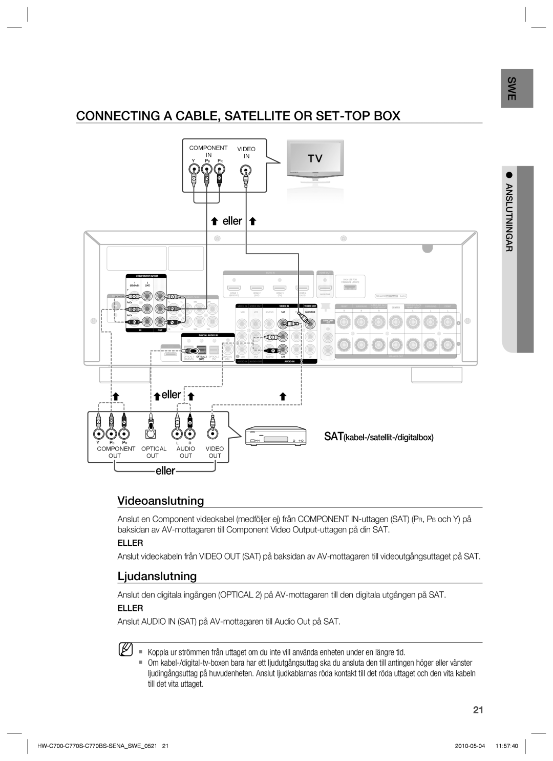 Samsung HW-C770S/XEE, HW-C700B/XEE manual Connecting a CABLE, Satellite or SET-TOP BOX, SATkabel-/satellit-/digitalbox 